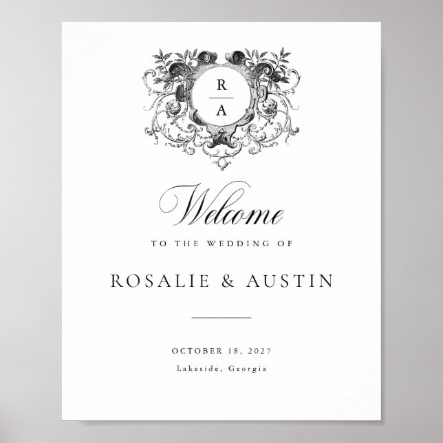 Vintage Floral Elegant Crest Wedding Welcome Sign (Front)
