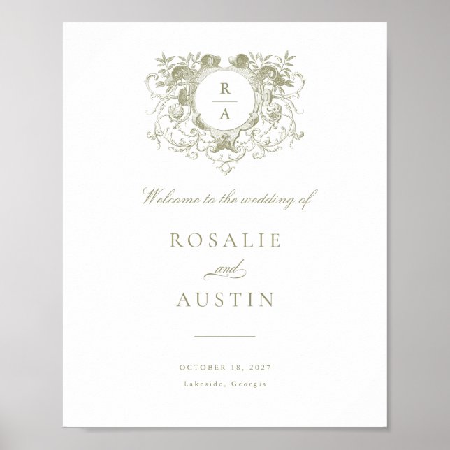Vintage Floral Elegant Crest Wedding Welcome Sign (Front)