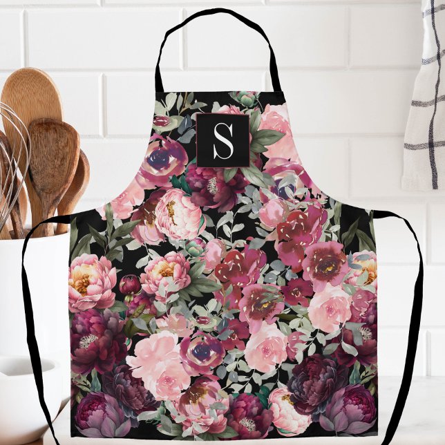 Vintage Floral Elegant Peony Monogrammed Apron (Creator Uploaded)