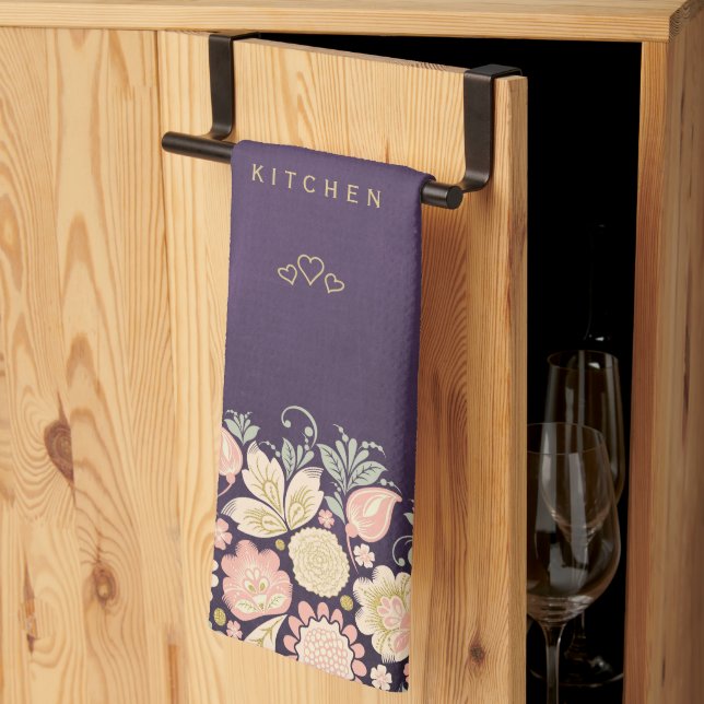 Vintage floral elegant purple plum kitchen towel (Thirds Fold)