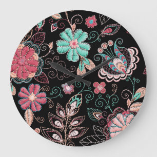 Vintage Floral Embroidery Dark Pattern Large Clock