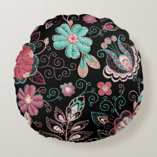 Vintage Floral Embroidery Dark Pattern Round Pillow