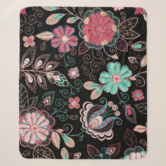 Vintage Floral Embroidery Dark Pattern Sherpa Blanket (Front)