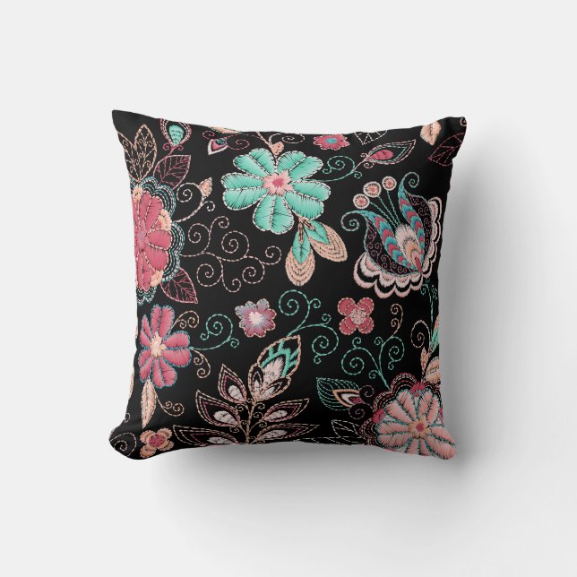 Vintage Floral Embroidery Dark Pattern Throw Pillow (Front)