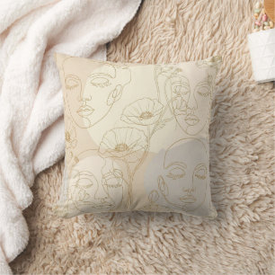 Vintage Floral Face Line Pattern (1) Throw Pillow