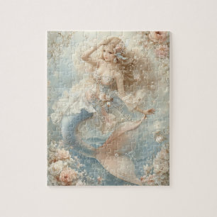 Vintage Floral Fantasy Mermaid Pastel Nostalgia Jigsaw Puzzle