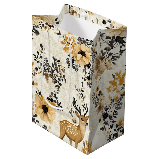Vintage Floral Fawn Pattern Medium Gift Bag (Front Angled)