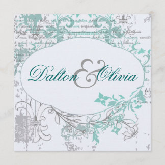 Vintage Floral Fleur De Lis Teal Wedding Invitation