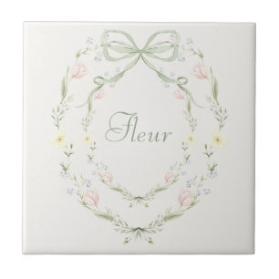 Vintage Floral Fleur Pastel French Ribbon  Tile