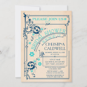 Vintage Floral Flourish Navy Aqua Bridal Shower Invitation