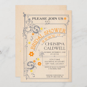 Vintage Floral Flourish Orange Grey Bridal Shower Invitation