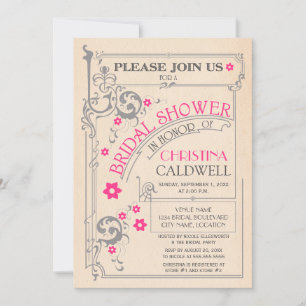 Vintage Floral Flourish Pink Grey Bridal Shower Invitation