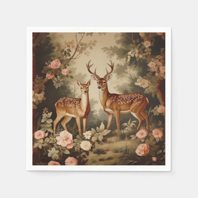 Vintage Floral Forest Deer Napkin (Front)