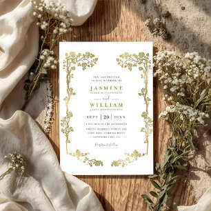 Vintage Floral Frame Elegant Gold QR Code Wedding Invitation
