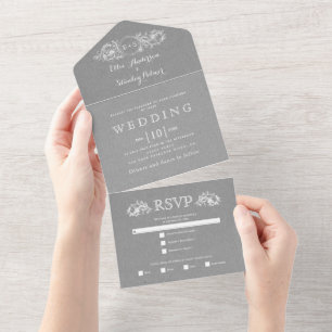 Vintage floral frame grey kraft paper wedding  all in one invitation
