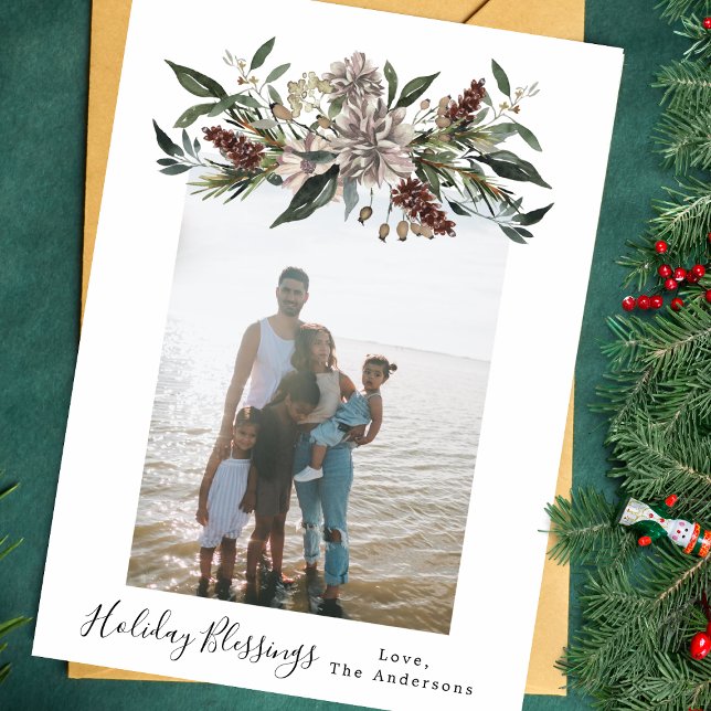 Vintage Floral Frame Holiday Christmas Photo Card (Creator Uploaded)
