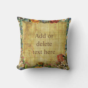 Vintage floral frame on stained coarse brown parch throw pillow