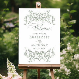 Vintage Floral Frame Sage Green Wedding Welcome Poster