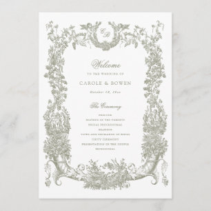 Vintage Floral Frame Vines Toile Sage Wedding Program