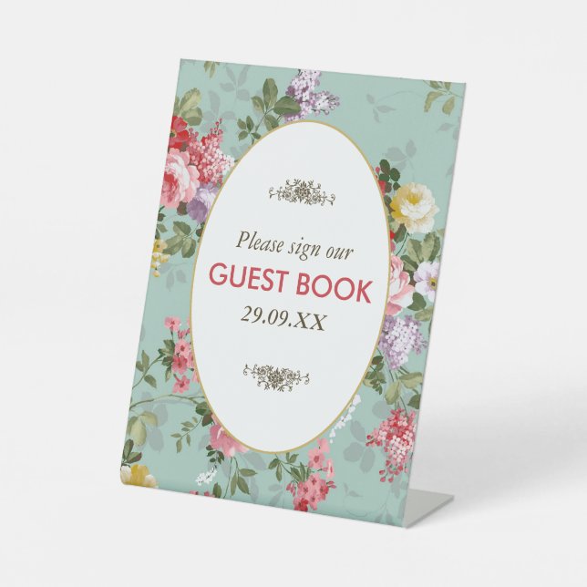 Vintage Floral Garden Botanical Wedding Pedestal Sign (Front)