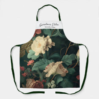 Vintage Floral Garden Elegant Peony Green Ivory Apron