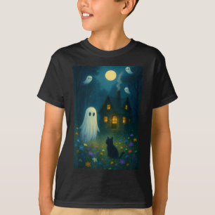 Vintage Floral Ghost Black Cat Halloween Ghost T-Shirt