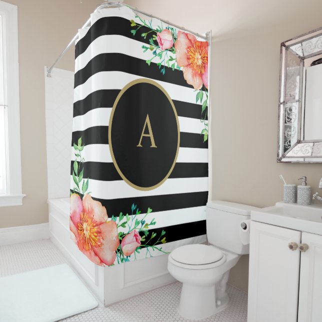 Vintage Floral Gold Monogram Black White Striped (In Situ)