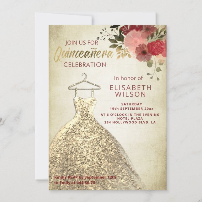 Vintage Floral gold sequins dress Quinceañera  Invitation (Front)