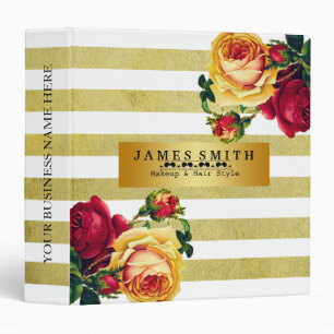 Vintage Floral Gold & White Badge Striped Binder