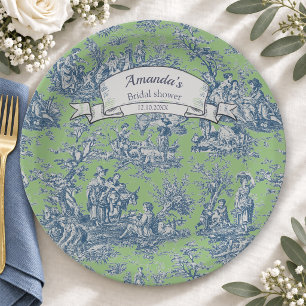 Vintage floral green blue toile de jouy shower paper plate