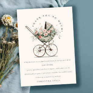 Vintage Floral Green Blush Stroller Baby Shower Thank You Card
