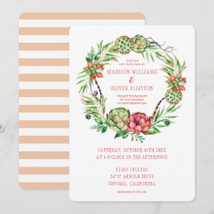 Vintage Floral Green & Pink Succulent   Wedding Invitation