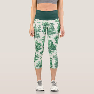 Vintage floral green toile jouy capri leggings
