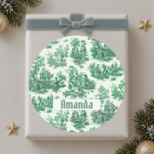 Vintage floral green toile jouy monogram classic round sticker