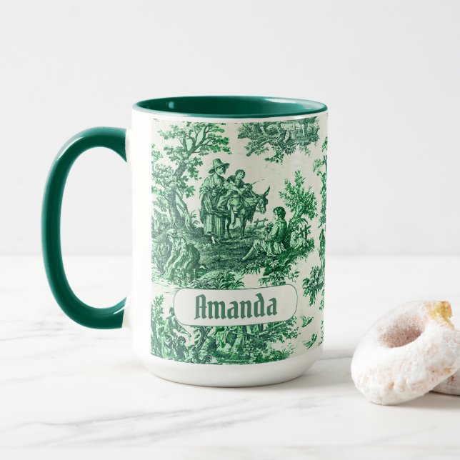 Vintage floral green toile jouy monogram mug (With Donut)
