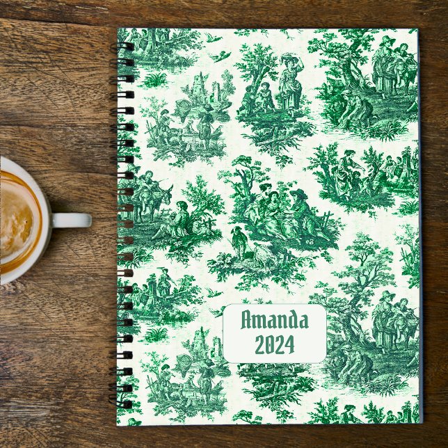 Vintage floral green toile jouy monogram planner (Creator Uploaded)
