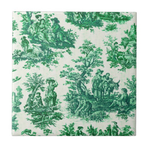 Vintage floral green toile jouy monogram tile
