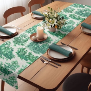 Vintage floral green toile jouy short table runner