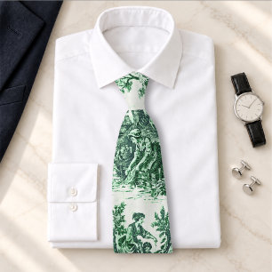 Vintage floral green toile jouy tie