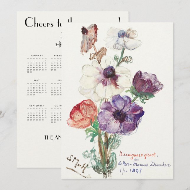 Vintage Floral Happy New Year  Holiday Card (Front/Back)