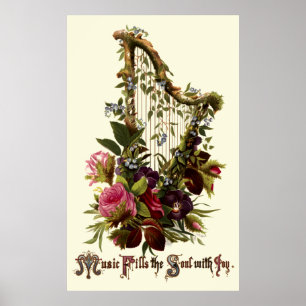 Vintage Floral Harp Music Poster