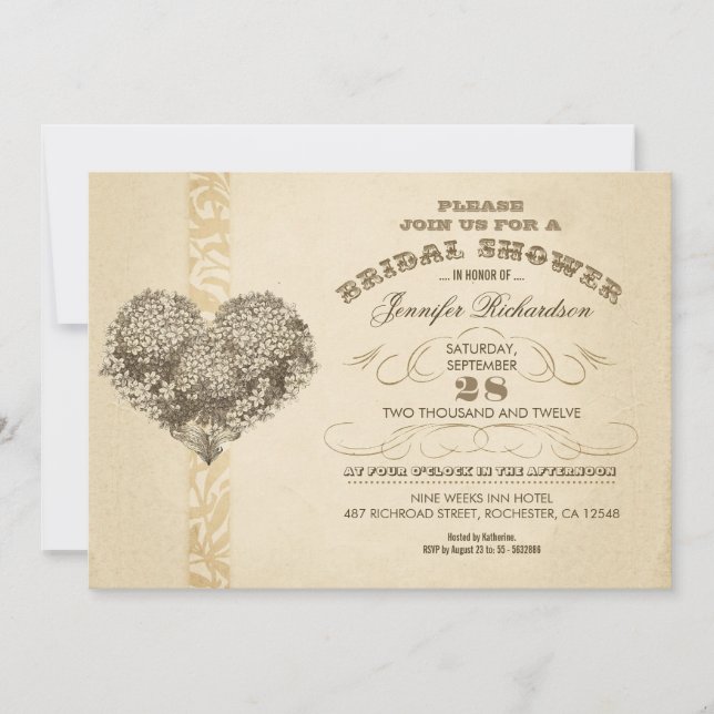 vintage floral heart aged bridal shower invites (Front)