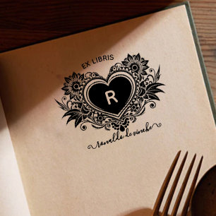 Vintage Floral Heart Monogram Ex libris Self-inking Stamp