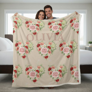 Vintage Floral Heart Personalized Name Sherpa Blanket