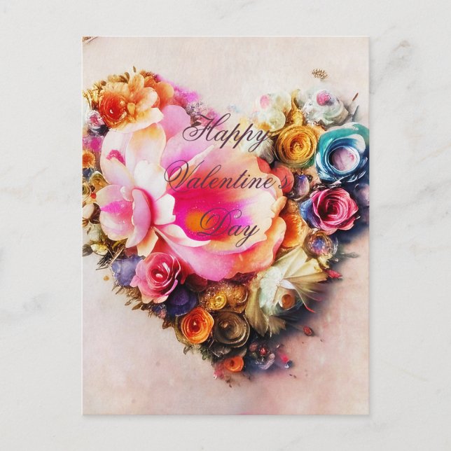 Vintage floral heart valentine postcard (Front)