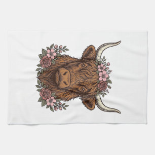 Vintage Floral Highland Cow Vector Shirt Design_1 Kitchen Towel