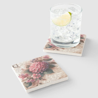 Vintage Floral Hydrangea Script Letter Stone Coaster