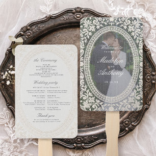 Vintage Floral Lace Frame Photo Wedding Program Hand Fan