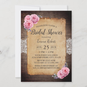 Vintage Floral Lace Rustic Wedding Bridal Shower Invitation