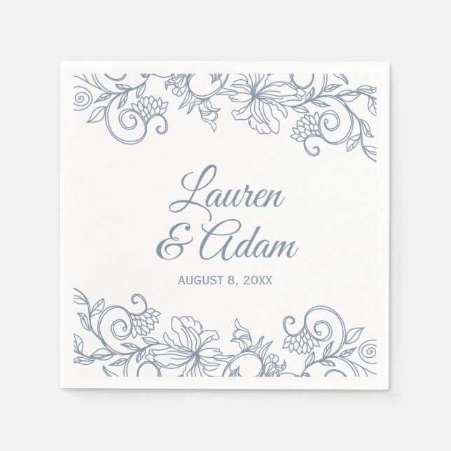 Vintage Floral Lace Wedding Napkins | Dusty Blue (Front)